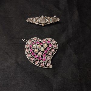 New SET OF 2 -  Pink Crystal Heart Shaped Hair Clip + Diamond Clip